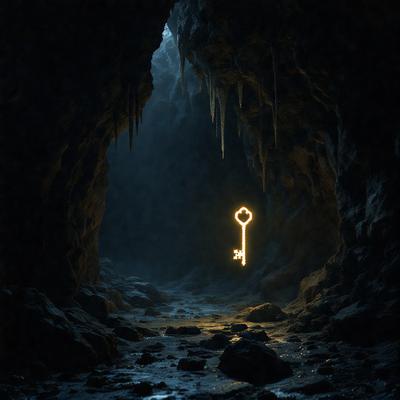 The primary subject of the image is a lit-up keyhole, which is the main object, scene, or focus of the image. The setting/background features a dark cave or tunnel, with a rocky surface visible. The visual style of the image is a combination of photo and digital art, creating a unique and intriguing atmosphere. The colors and mood of the image are predominantly dark and mysterious, with the lit-up keyhole providing a source of light and interest in the otherwise gloomy environment.